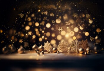 Poster - A festive, wintery scene with gold baubles and snowflake ornaments scattered across a table, bathed in warm, glowing lights and a soft, ethereal snowfall.
