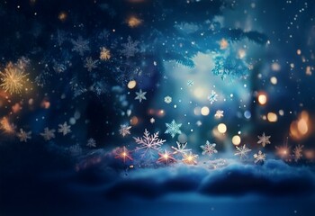 Aufkleber - A winter wonderland with falling snowflakes, glistening lights and a snowy landscape.