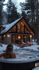 Aufkleber - A woman is sitting in a hot tub in front of a cabin