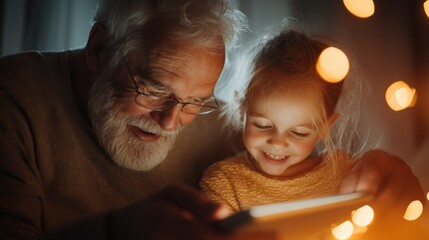 An elderly man shares a moment with a smiling child in warm lighting, creating a touching scene that highlights intergenerational bonding and affection.