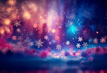 Poster - Abstract wintery scene with snowflakes falling over a blurred background of colorful lights.