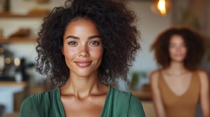 A woman with curly hair in a green shirt smiles at the camera in a bright setting, reflecting joy and approachability with a softly blurred background for depth.