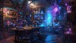 © Imsuniyah - A magical workshop with glowing orbs, science equipment, and mystical devices.