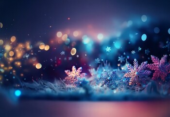 Poster - A glistening winter scene with snowflakes and bokeh lights.