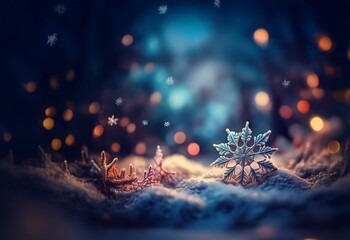 Sticker - A close-up of sparkling snowflakes on a bed of soft, white snow with a blurred backdrop of twinkling lights.