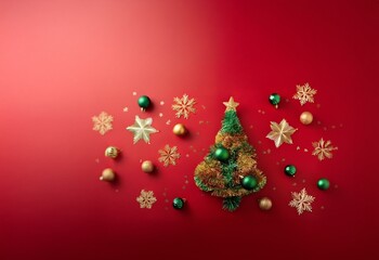 Poster - A stylized Christmas tree with ornaments and snowflakes on a red background.