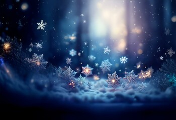 Poster - A magical winter scene with falling snowflakes, glowing lights, and a soft, snowy forest floor.