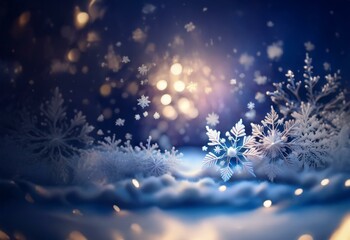 Wall Mural - A magical winter scene with large snowflakes and a blurred background of sparkling lights.