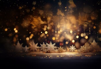 Wall Mural - A dark background with a soft glow, featuring white snowflake ornaments, with a hint of gold.