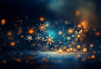 Sticker - A dark blue background with a soft, snowy surface. Sparkling golden snowflakes and lights create a magical and festive atmosphere.