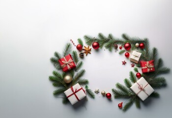 Wall Mural - A festive Christmas wreath made of evergreen sprigs, red and gold ornaments, and wrapped gifts with white ribbon sits on a light gray background.