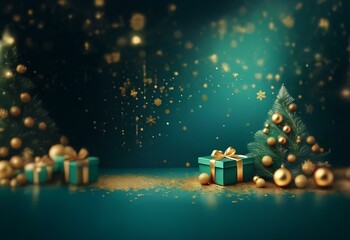 Wall Mural - Two decorated Christmas trees with gold ornaments sit in front of a teal blue background with gold glitter falling around them.  There are also presents wrapped in teal blue paper with gold ribbon.  A