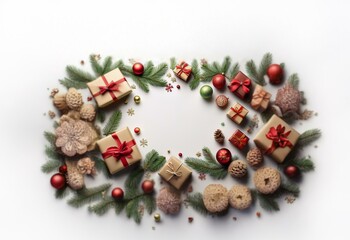 Poster - A festive Christmas scene with presents, ornaments, and pine branches arranged in a frame on a white background.