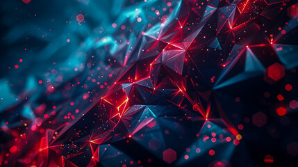 Wall Mural - abstract red low poly background with bright particles and polygonal shapes on dark blue background.