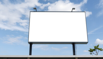 Mockup Large white blank billboard or white promotion poster displayed on the outdoor against the blue sky background. Promotion information for marketing announcements and details isolated with whi