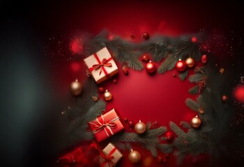 Poster - A festive red background with evergreen branches, ornaments, and gifts arranged around an empty space.