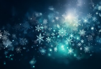 Poster - A dark blue background with many white snowflakes of varying sizes, a bright white light shines from the upper right corner.