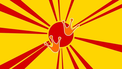 Poster - Frog tracks symbol on the background of animation from moving rays of the sun. Large orange symbol increases slightly. Seamless looped 4k animation on yellow background