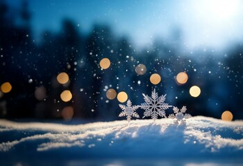 Poster - Three delicate snowflakes rest on a snowy surface, bathed in the warm glow of out-of-focus lights.