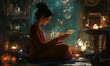 © jambulart - Woman in red robe reading cards by candlelight.