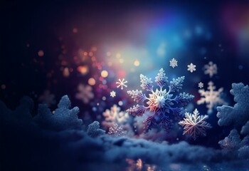 Aufkleber - A field of sparkling snowflakes rest atop a snowdrift, illuminated by a glow of colorful lights.
