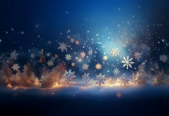 Poster - A blue and white winter scene with falling snowflakes and a bright glow in the distance.