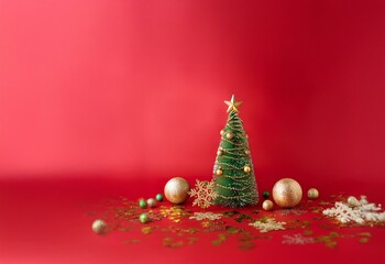 Poster - A small green Christmas tree with gold ornaments and snowflakes sits on a red background.