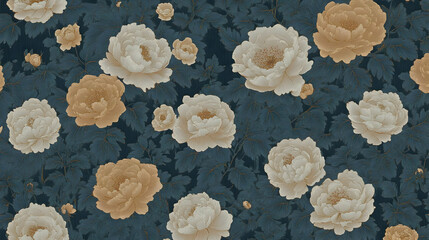 Wall Mural - Floral Illustration - Beige & White Flowers on Dark Blue Background