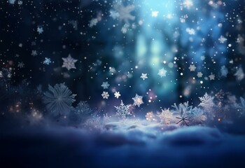 Poster - A magical winter scene with falling snowflakes and a bright light shining through a forest.