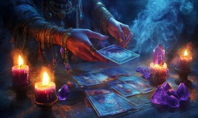 A fortune teller reads tarot cards with candles and crystals.