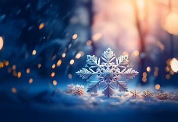 Aufkleber - A large snowflake sits in the center of the frame, surrounded by snow and bokeh.  The background is a blurry forest.