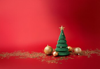 Poster - A small green Christmas tree with gold ornaments sits on a red background with gold confetti.
