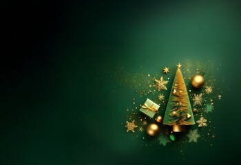 Canvas Print - A gold Christmas tree with ornaments and stars on a dark green background.