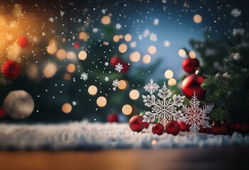 Aufkleber - A snowy winter scene with red ornaments and silver snowflakes on a wooden table, glowing lights in the background.