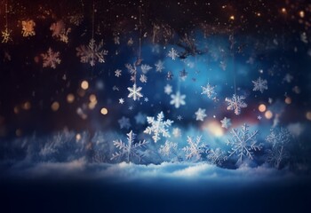 Poster - A serene winter night with a dark blue sky and falling snowflakes. The ground is covered in snow with a soft glow emanating from the background.