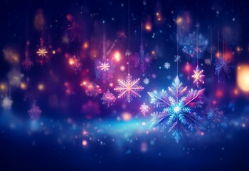 Poster - A dark blue background with a scattering of snowflakes and bokeh lights in shades of blue, pink, and orange.