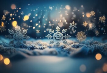 Poster - A snowy scene with large snowflakes on a snowy ground.  The background is a dark blue with light bokeh.