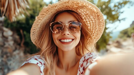 A young woman with blonde hair smiles at the camera while wearing a straw hat and sunglasses.