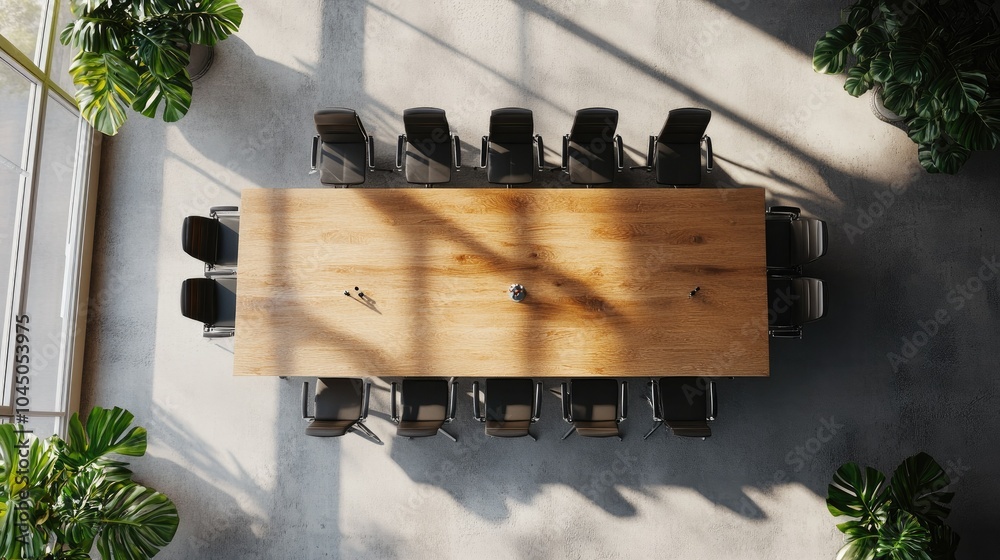 A contemporary meeting room viewed from above, featuring a large wooden ...
