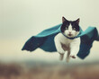© NNS Studio - Adorable kitten blew superhero Cape fly air cute action pose Playful Sky dramatic fierce flowing Cute kawaii tabby cat kitty feline white paws Imaginary fantasy clean background white black retro