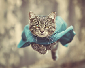 Adorable kitten blew superhero Cape fly air cute action pose Playful Sky dramatic fierce flowing Cute kawaii tabby cat kitty feline white paws Imaginary fantasy clean background white black retro