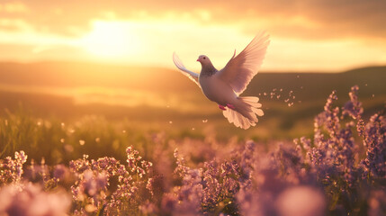 Serene dove flying over lavender field at sunset with golden light and tranquil atmosphere