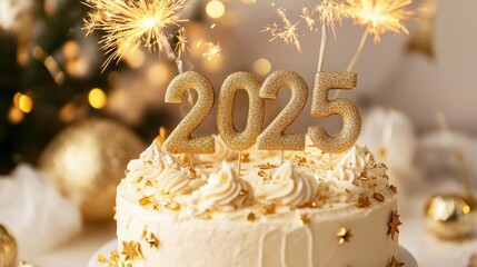 Happy New Year 2025 cake with golden numbers and fireworks-shaped toppers, isolated on white background