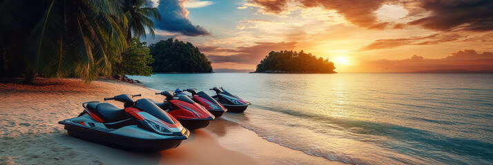 Jetski park at sandy sea beach with coconut tree. Summer tropical sports.