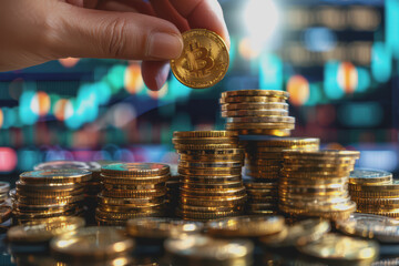 Hand-adding gold coins to a growing pile with an upward trend line in the background.