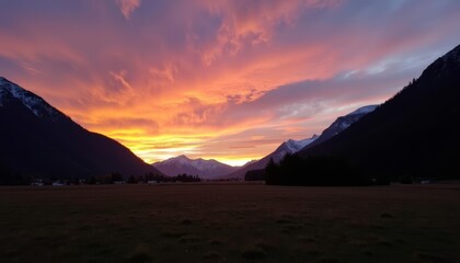 Wall Mural -  Sunset over majestic mountains and fields