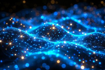 Poster - Glowing blue and gold particle wave on black background. Abstract design for technology, science, or futuristic projects. Mesmerizing visual effect adds sophistication and innovation.