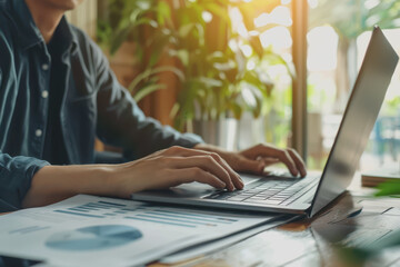 Asian casual businessman typing on a laptop computer working from home.