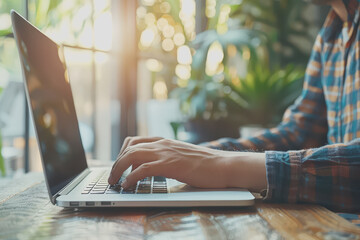 Asian casual businessman typing on a laptop computer working from home.