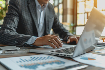 Asian casual businessman typing on a laptop computer working from home.